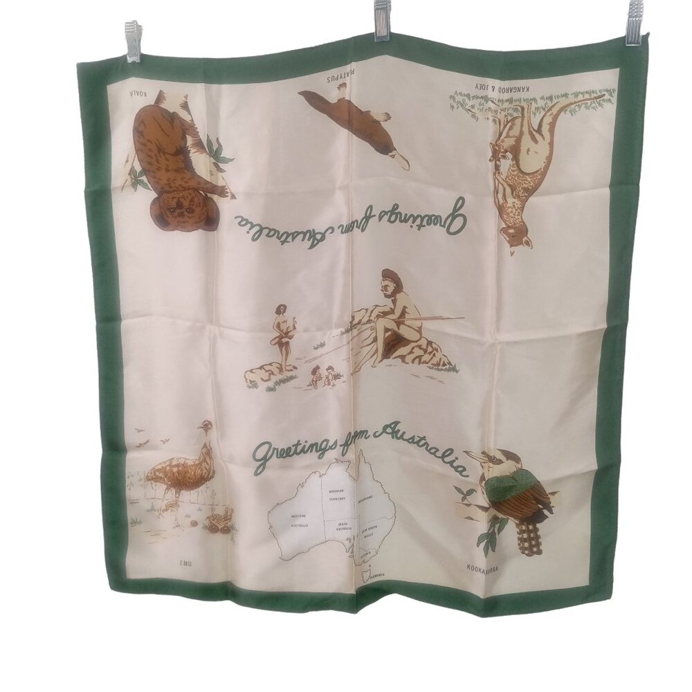 Vintage Australia Souvenir Scarf Square Emu Kookaburra Kangaroo Koala